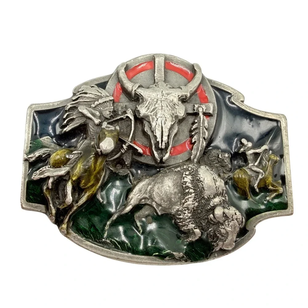 Siskiyou rBelt Buckle Mens Silver Pewter 1988 Buffalo Hunt Native American USA